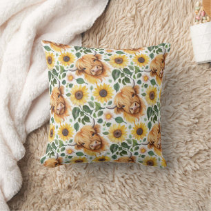 Cute Highland Cows & Yellow Sunflower Flowers Throw Pillow