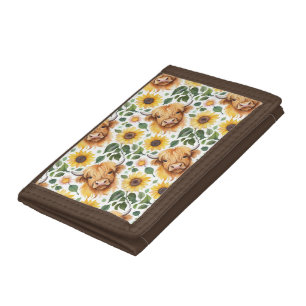 Cute Highland Cows & Yellow Sunflower Flowers Tri-fold Wallet