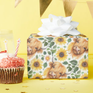 Cute Highland Cows & Yellow Sunflower Flowers Wrapping Paper