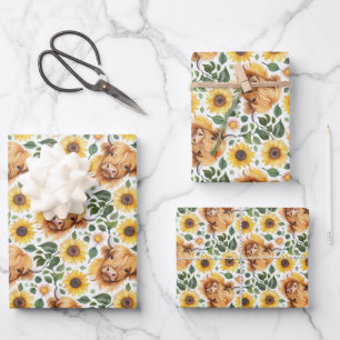 Cute Highland Cows & Yellow Sunflower Flowers Wrapping Paper Sheets