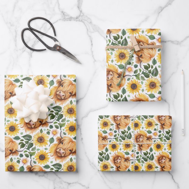 Cute Highland Cows & Yellow Sunflower Flowers Wrapping Paper Sheets (Front)