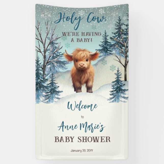 Cute Highland Holy Cow Winter Baby Shower Banner (Vertical)