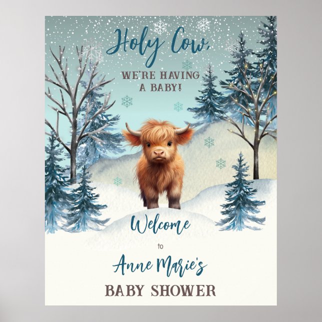 Cute Highland Holy Cow Winter Baby Shower Sign (Front)