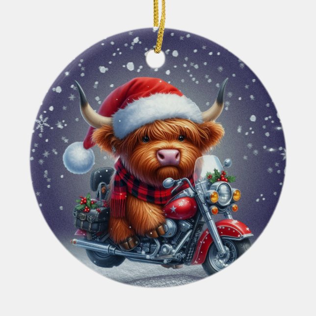 Cute Highland motor Christmas Cow  Ceramic Ornament (Front)