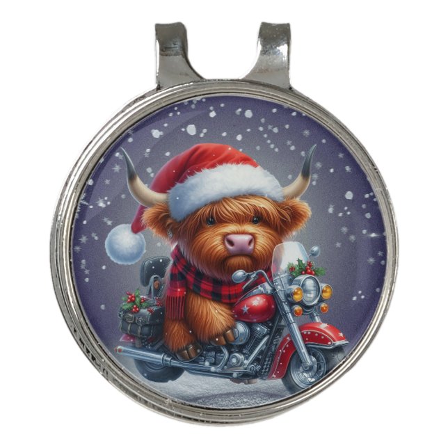 Cute Highland motor Christmas Cow  Golf Hat Clip (Front)