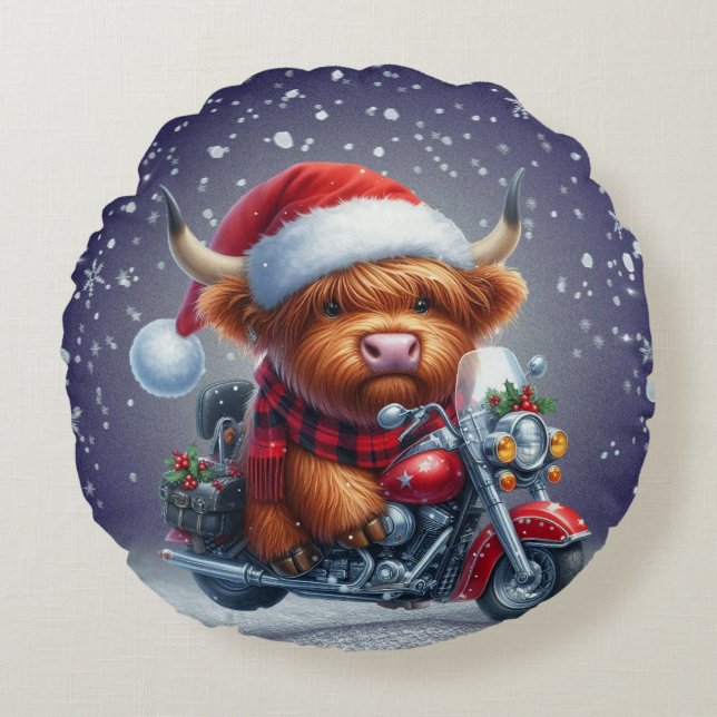 Cute Highland motor Christmas Cow  Round Pillow (Front)