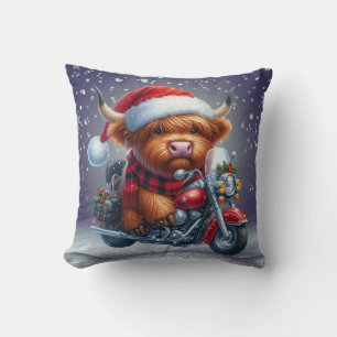 Cute Highland motor Christmas Cow Throw Pillow