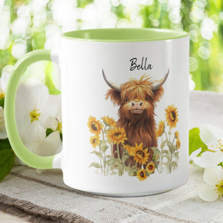 Cute Highland Scottish Cow Sunflowers Floral Mug