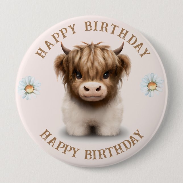 Cute Highlands Scottish Cow Button (Front)
