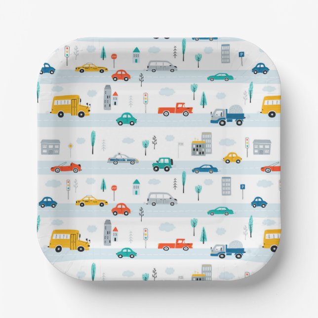 Cute Highway Vehicle Pattern Paper Plates (Front)