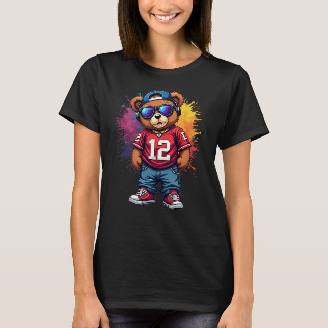 Cute Hip Hop Teddy Bear Football T-Shirt (Front)