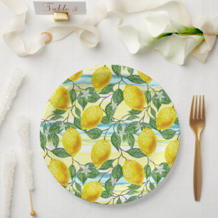 Cute Hip Tropical Summer Lemon Fruit Art Pattern Paper Plates
