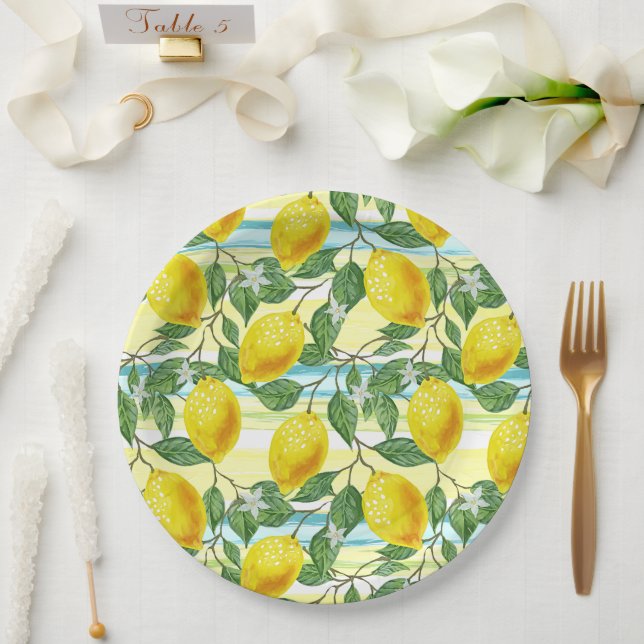 Cute Hip Tropical Summer Lemon Fruit Art Pattern Paper Plates (Wedding)