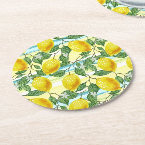 Cute Hip Tropical Summer Lemon Fruit Art Pattern Round Paper Coaster