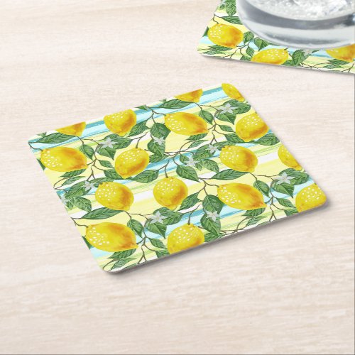Cute Hip Tropical Summer Lemon Fruit Art Pattern Square Paper Coaster