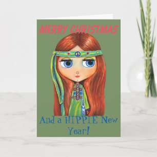 Cute Hippie Chick in Green Peace Sign Christmas Holiday Card