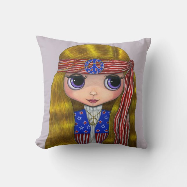 Cute Hippie Chick Peace Sign Headband Stars Stripe Throw Pillow (Front)