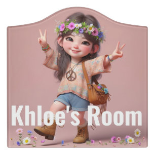 Cute Hippie Child with Flowers Door Sign
