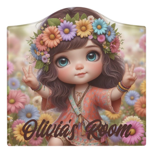 Cute Hippie Child with Flowers Door Sign (Large Crest Front)