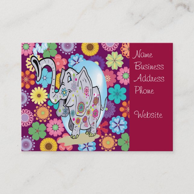 Cute Hippie Elephant with Colorful Flowers Business Card (Front)