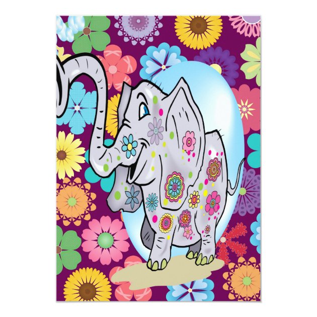 Cute Hippie Elephant With Colorful Flowers Invitation