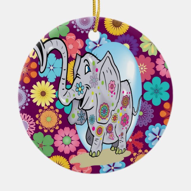 Cute Hippie Elephant with Colorful Flowers Ceramic Ornament (Front)