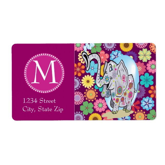 Cute Hippie Elephant with Colorful Flowers Label (Front)
