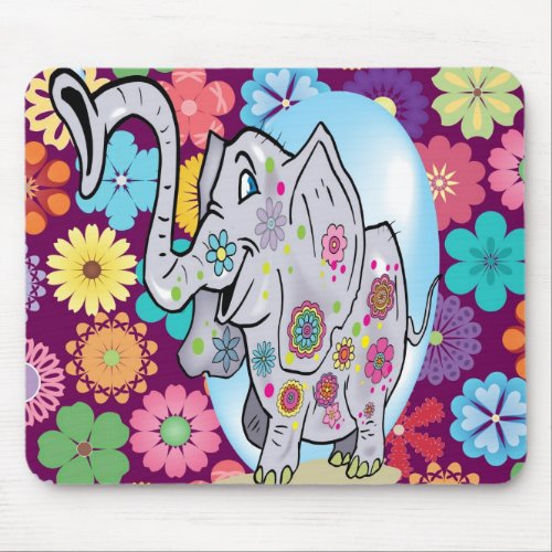 Cute Hippie Elephant with Colorful Flowers Mouse Pad