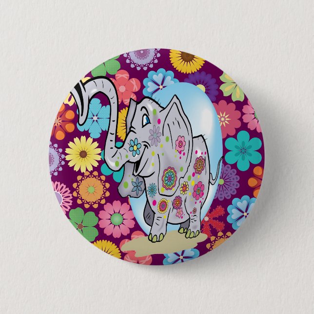 Cute Hippie Elephant with Colorful Flowers Pinback Button (Front)