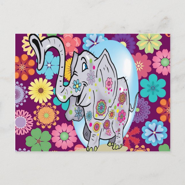 Cute Hippie Elephant with Colorful Flowers Postcard (Front)