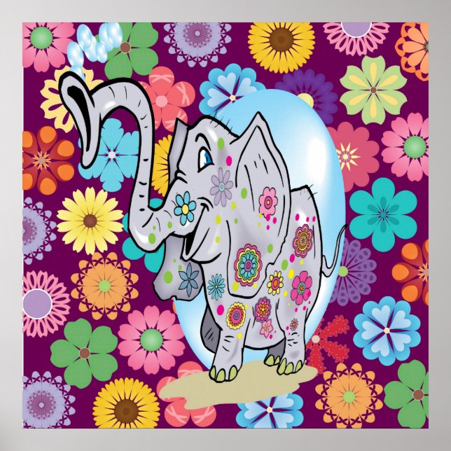 Cute Hippie Elephant with Colorful Flowers Poster (Front)