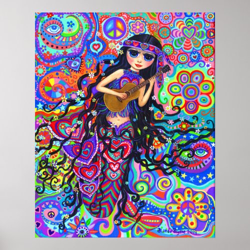 Cute Hippie Mermaid Girl Doll Guitar Poster