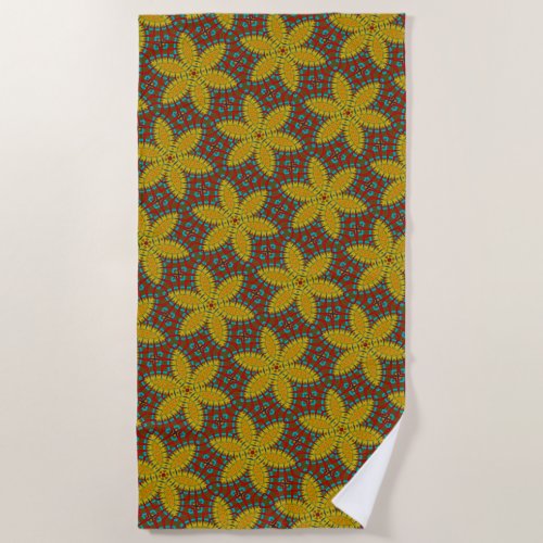 Cute Hippie Red Yellow Green Ethnic Trippy Floral  Beach Towel