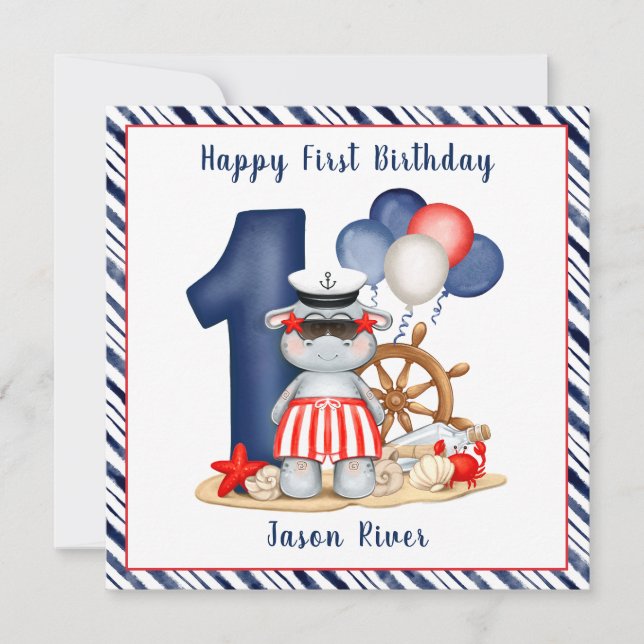 Cute Hippo 1st Birthday Boy Card (Front)