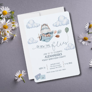 Cute Hippo,Airplane & Clouds,Blue First Birthday Invitation