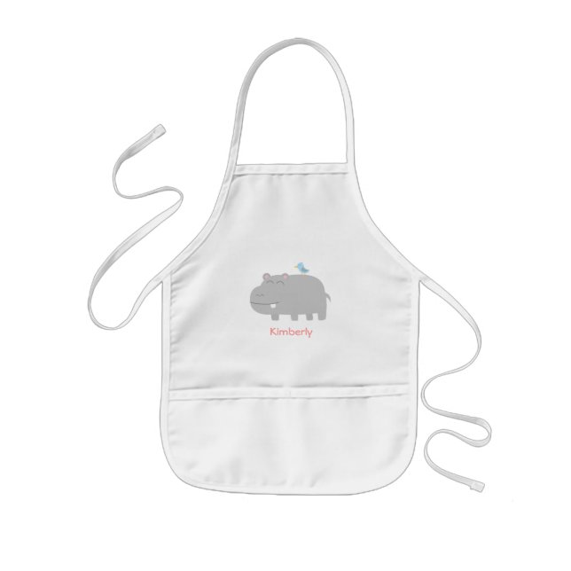 Cute Hippo and Blue Bird Kids Personalized Kids' Apron (Front)