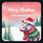 Cute HIPPO animal zoo Santa Christmas party kids Square Sticker<br><div class="desc">Cute HIPPO  animal  safari wild  Santa Christmas party holiday kids</div>
