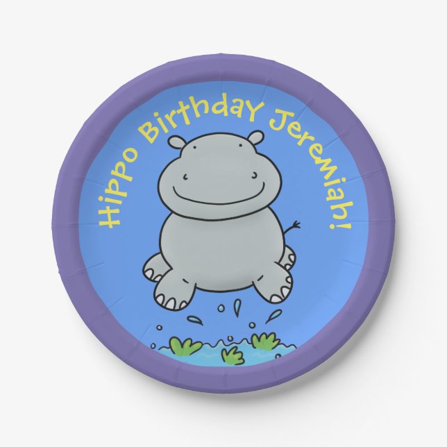 Cute hippo baby personalized birthday cartoon paper plates (Front)