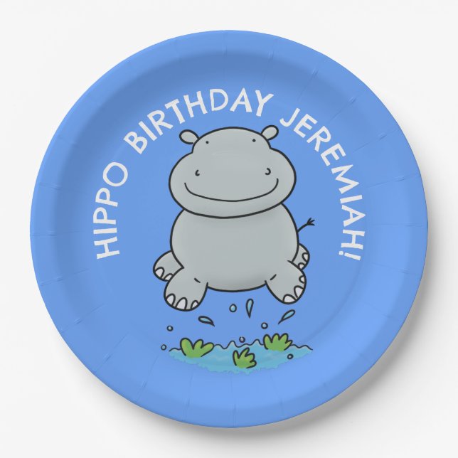 Cute hippo baby personalized cartoon birthday paper plates (Front)