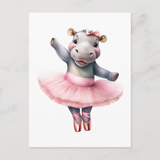 Cute hippo ballerina dancing ballet holiday postcard (Front)