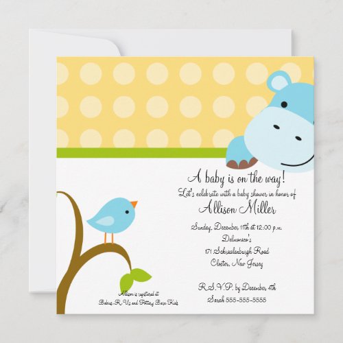 Cute Hippo  Birdie Baby Shower Invitation