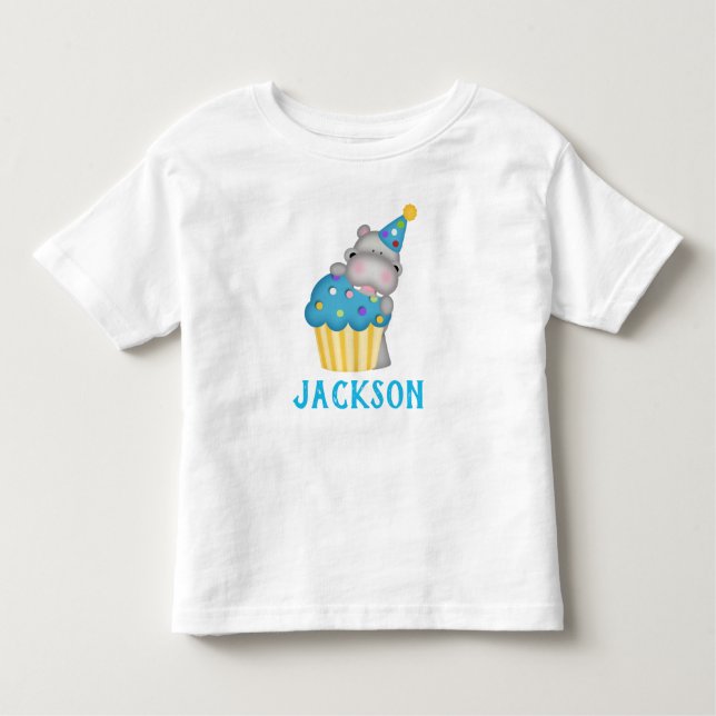 Cute Hippo Birthday Cupcake Personalized Toddler T-shirt (Front)