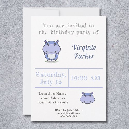Cute Hippo Birthday Invitation 