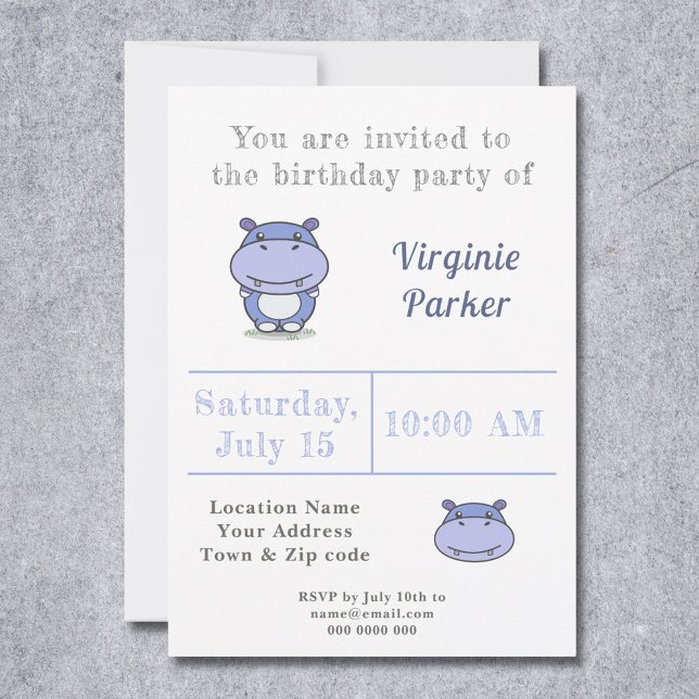 Cute Hippo Birthday Invitation  (Cute Hippo Birthday Invitation - Back)
