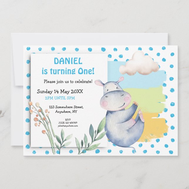 Cute Hippo Blue Dots Boys First Birthday Party Invitation (Front)
