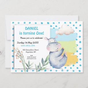 Cute Hippo Blue Dots Boys First Birthday Party Invitation
