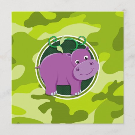Cute Hippo; Bright Green Camo, Camouflage Invitation