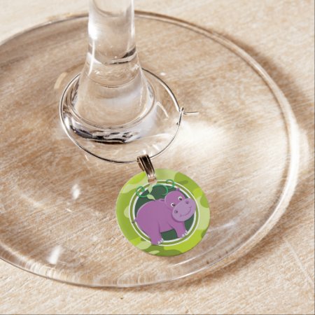 Cute Hippo; Bright Green Camo, Camouflage Wine Glass Charm