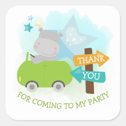 Cute Hippo Car Thank You Boy Birthday Square Sticker