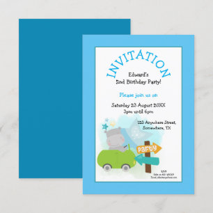Cute Hippo Car Toddler Birthday Party Blue Invitation